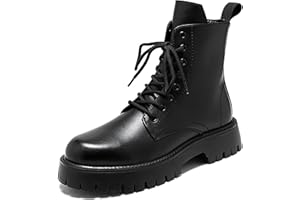 QEOSNBX Men'S Black Patent Leather Platform Combat Boots Fashion Side Zipper Wide Toe Lace Up Chunky Lug Sole High Top Motorcycle Boots Comfort Waterproof Non-Slip Casual Ankle Booties