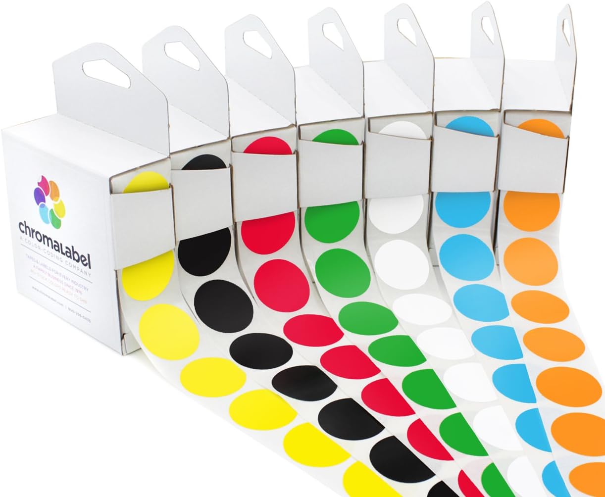 ChromaLabel 1 inch Standard Color-Code Dot Label Kit, 7 Assorted Colors, 1,000/Dispenser Box