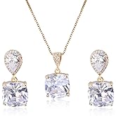AMYJANE Elegant Jewelry Set for Women - Silver Teardrop Clear Cubic Zirconia Crystal Rhinestone Drop Earrings and Necklace Bridal Jewelry Sets Best Gift for Bridesmaids