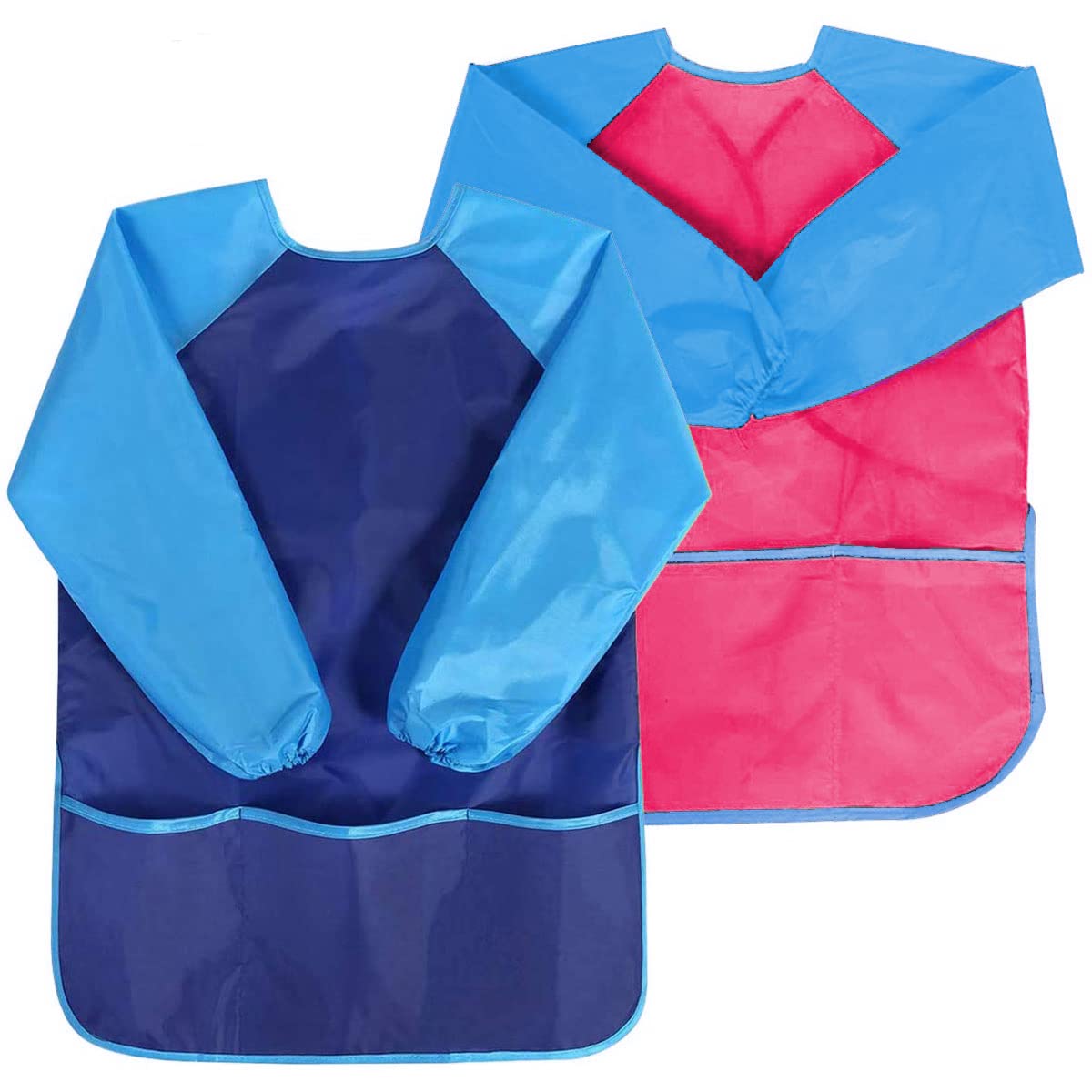 Gwolf Kids Painting Apron 2 Pcs Kids Aprons for Painting, 7-10 years Toddler Painting Apron Waterproof with Sleeves and 3 Pockets, Art Apron for School Art Painting, Cooking (Blue + Pink)
