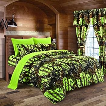 Lime Camouflage Twin Size 5pc Comforter, Sheet, Pillowcases, and Bed Skirt Set - Camo Bedding Sheet Set for Hunters Teens Boys and Girls