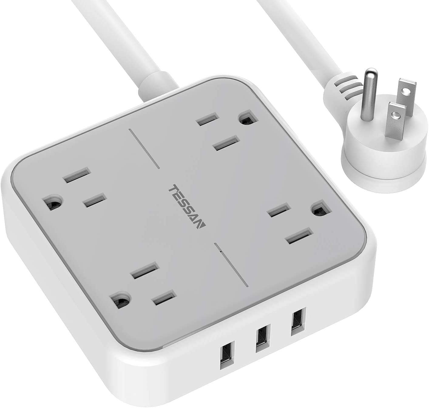 Flat Plug Power Bar Usb Power Strip With 4 Widely Spaced Outlets Charger 3 Usb Ports 5 Feet Extension Cord Indoor Compact Size Desktop Charging Station Wall Mount For Home Office Dorm