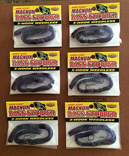 Weedless Bass Fishing purple white Worms Bass Stopper MAGNUM Purple White 3 Hook Weedless Bass worm 6 pack Bundle