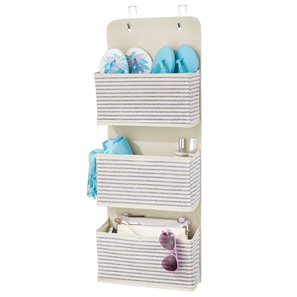 mDesign Wardrobe Organiser – Over Door Storage with 3 Hanging Storage Pockets – Multi-Purpose Rack for The Nursery or Bedroom Door – Natural/Cobalt Blue Trim
