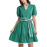 D-Sun Puff Sleeve Mini Dress Bow Tie Waist V Neck Navy Blue Ruffle Tiered Casual Short Dresses with Shell Embroidered Trim
