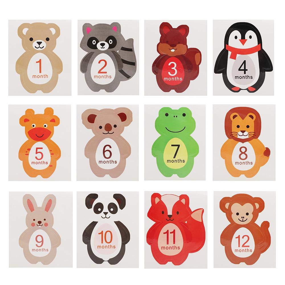 12Pcs Baby Monthly Sticker Milestone Memories Photo Props Cartoon Animal Shaped for 1-12 Month Newborn Boys Girls
