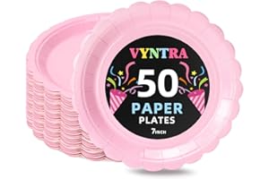 Vyntra 50 Pack Pink Disposable Paper Plates, 7 Inch Dessert Plates for Birthday Party