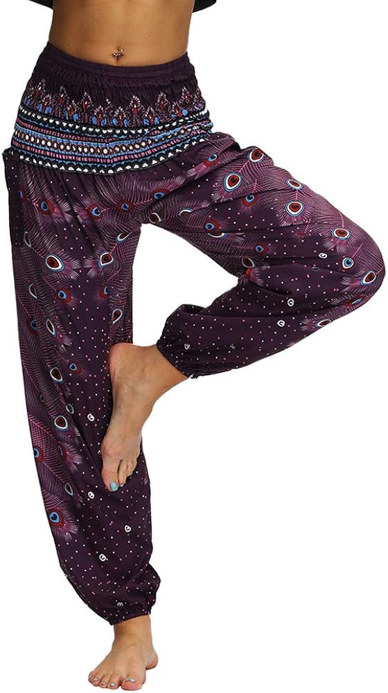 Nuofengkudu Ladies Hippie Baggy Harem Trousers Smocked High Waist Soft Boho Print Colourful Yoga Pants with Pockets Lightweight Flowy Travel Holiday Beachwear (Dark Purple A,One Size) - Image 3