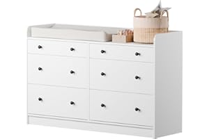 Cozy Castle Baby Dresser with 6 Drawers and Large Table Top, Multi-Functional Chest of Drawer, Drawer Dresser with Three-Sided High Rails for Nursery, Children's Room, Bedroom, White
