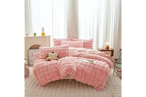 chovy Kids Girls Rabbit Plush Pink Bread Grid Comforter Cover Duvet Cover Twin - 3PC Faux Fur Bed Set Soft Warm Velvet Flannel Fluffy Fuzzy Bedding（Comforter x 1 Pillowcases x 2）