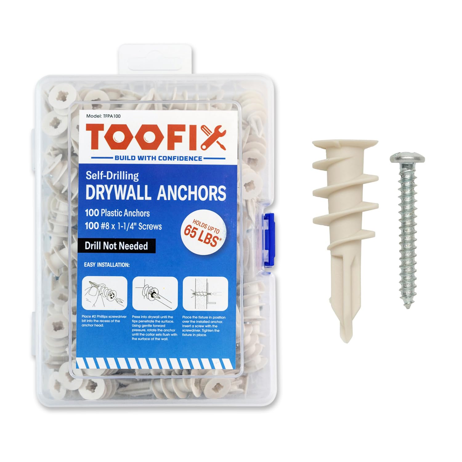 thumbnail image 2 of 140 Count 12x30mm Self Drilling Drywall Anchors With Screws Kit Or Holes In Wall Hangs Up To 66 Lbs 2 of 11