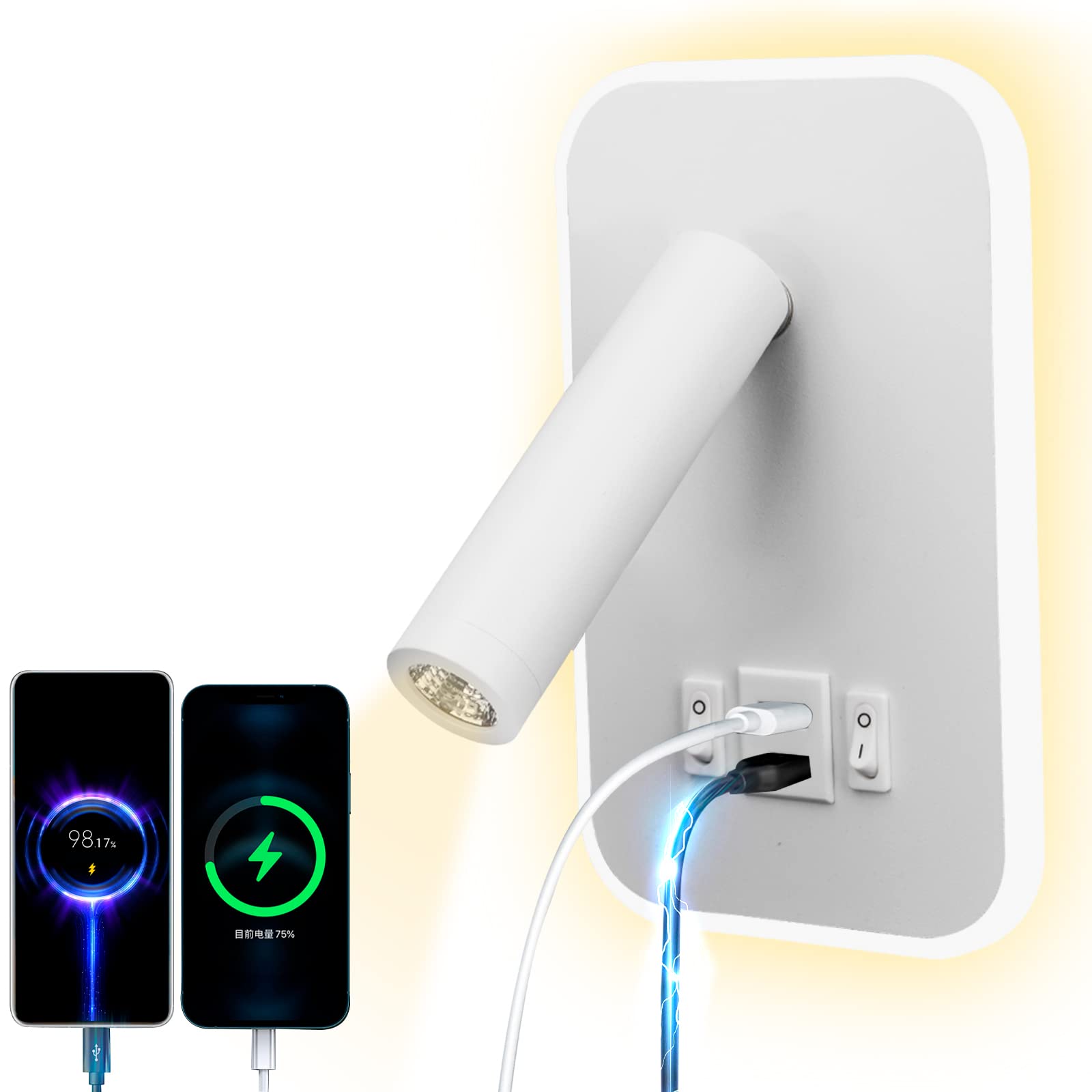 uksunvi LED Reading Lamp Wall Lamp USB Type-C Two Charge Mouth Switch Adjustable 12W LED Spotlight 3000K Wall Lamp Aluminum Bed Lamp Rotatable (Rectangular White)