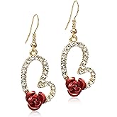 ANDPAI Vintage Wine Red 3D Rose Dangle Drop Earrings for Women Statement Heart Dangle Earrings with Crystal Rhinestone Valentine's Day Gifts