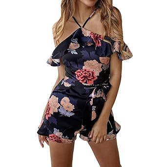 Storerine Frauen-Frühlings- und Sommermode-beiläufiger reizvoller Sling Böhmische Gedruckter Halter gekräuselter Overall
