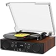 Record Player with Speakers 3 Speed Bluetooth USB Recording FM Radio Vintage LP Player with Stereo Sound Turntable for Vinyl Records Support Bluetooth RCA AUX-in, Brown Wood