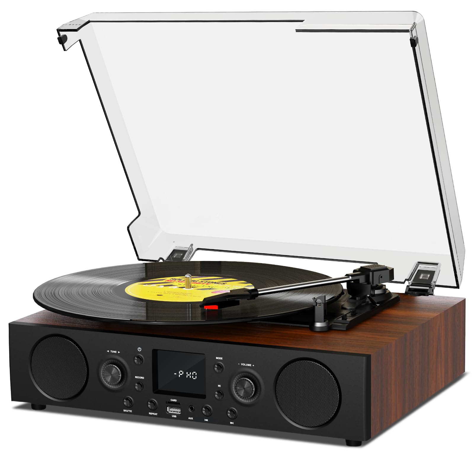 Photo 1 of Vinyl Record Player with Built-in Speaker,Bluetooth Turntable with USB Recording, 3 Speed Vintage Record Player with Bluetooth Receiving, FM Radio, RCA Out & AXU-in, Vinyl Player Brown