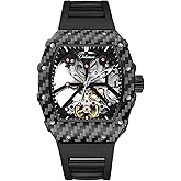 CARLIEN Mens Fashion Automatic Skeleton Luminous Tonneau Watch Silicone Band Big Face Waterproof Hollow Casual Cool Wrist Watch for Men