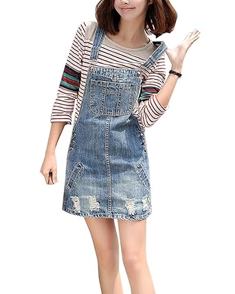 Guiran Damen Kurze Jeanskleid Latzrock A-Linien Jeansrock Trägerkleid Latzkleid Freizeitkleid Denimrock