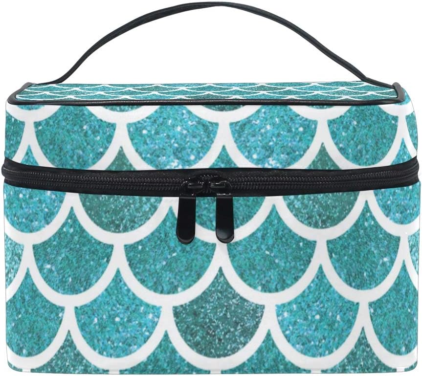 DERLONKAJE Makeup Bag Blue Mermaid Scales Travel Cosmetic Bags Organizer Train Case Toiletry Make Up Pouch