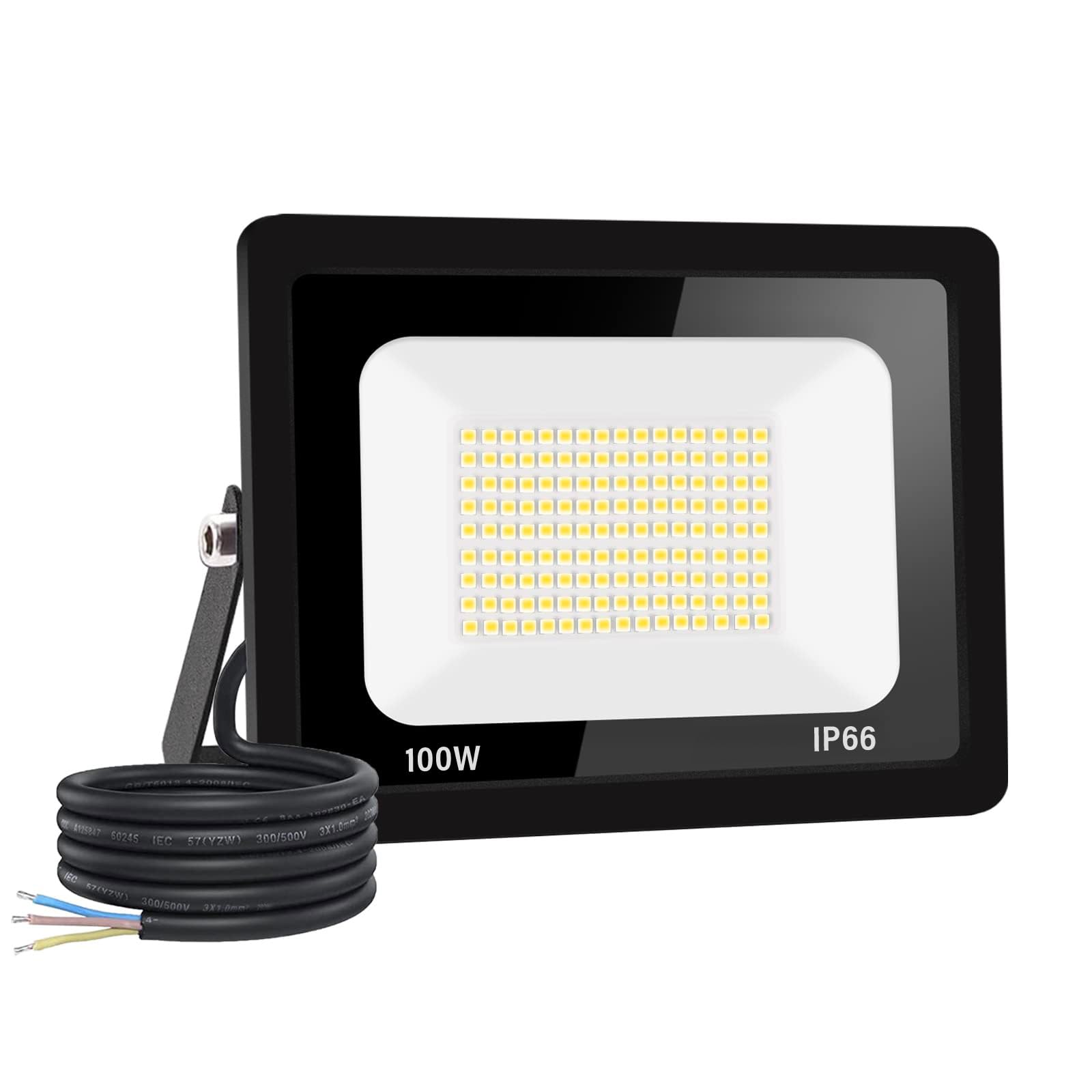 Jefedana 100 W LED Outdoor Floodlight 10000LM IP66 Waterproof Super Bright Outdoor Lighting Warm White (3000 K) Security LED Spotlight for Stadiums, Factories, Parking, Garage, Garden