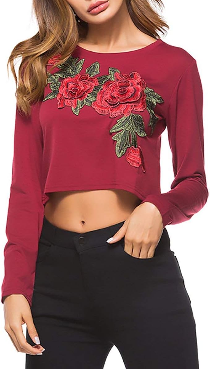 Crop Top Ladies Long Sleeve Neck Festival Round Embroidered Fashion