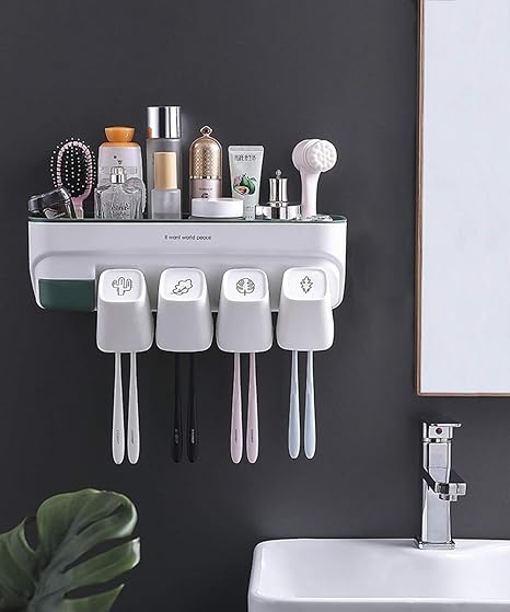 Amazon 歯ブラシホルダー ブラシスタンド 歯磨きコップ ホルダー 歯ブラシ立て 壁掛け 置き型 粘着式 バスルーム 洗面台 多機能収納ケース 4 つコップ 歯ブラシスタンド ホーム キッチン オンライン通販