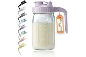 MIRADEXIC 32oz Glass Pitcher with Lid & V-shaped Pour Spout - 1 Quart Breastmilk Pitcher Double Leak Proof, Creamer Container for Sun Tea, Juice, Cold Brew Coffee, Breastmilk Storage Container