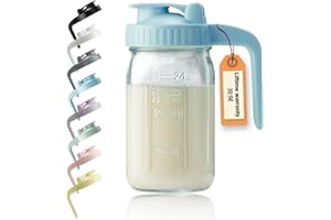 MIRADEXIC 32oz Glass Pitcher with Lid & V-shaped Pour Spout - 1 Quart Wide Mouth Mason Jar Pitcher Double Leak Proof, Creamer Container for Sun Tea, Juice, Cold Brew Coffee, Coffee Creamer Container