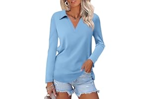ORANDESIGNE Women's Long Sleeve Polo Shirts Casual Color Block V Neck Tops Fall Collar Ladies Tunics Tees