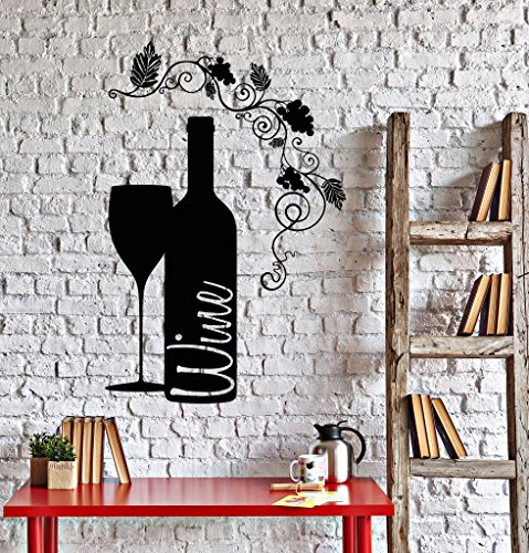 Vinyl Wall Decal Wine Bottle Glass Grape Alcohol Bar Stickers  Black