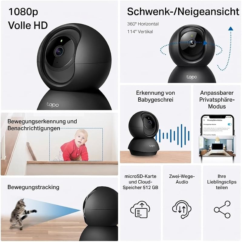 C201 360° WLAN-Überwachungskamera für Innenräume, 1080P, Nachtsicht, Bewegungserkennung, Zwei-Wege-Audio, kompatibel mit Alexa & Google Assistant, für Babys/Haustiere