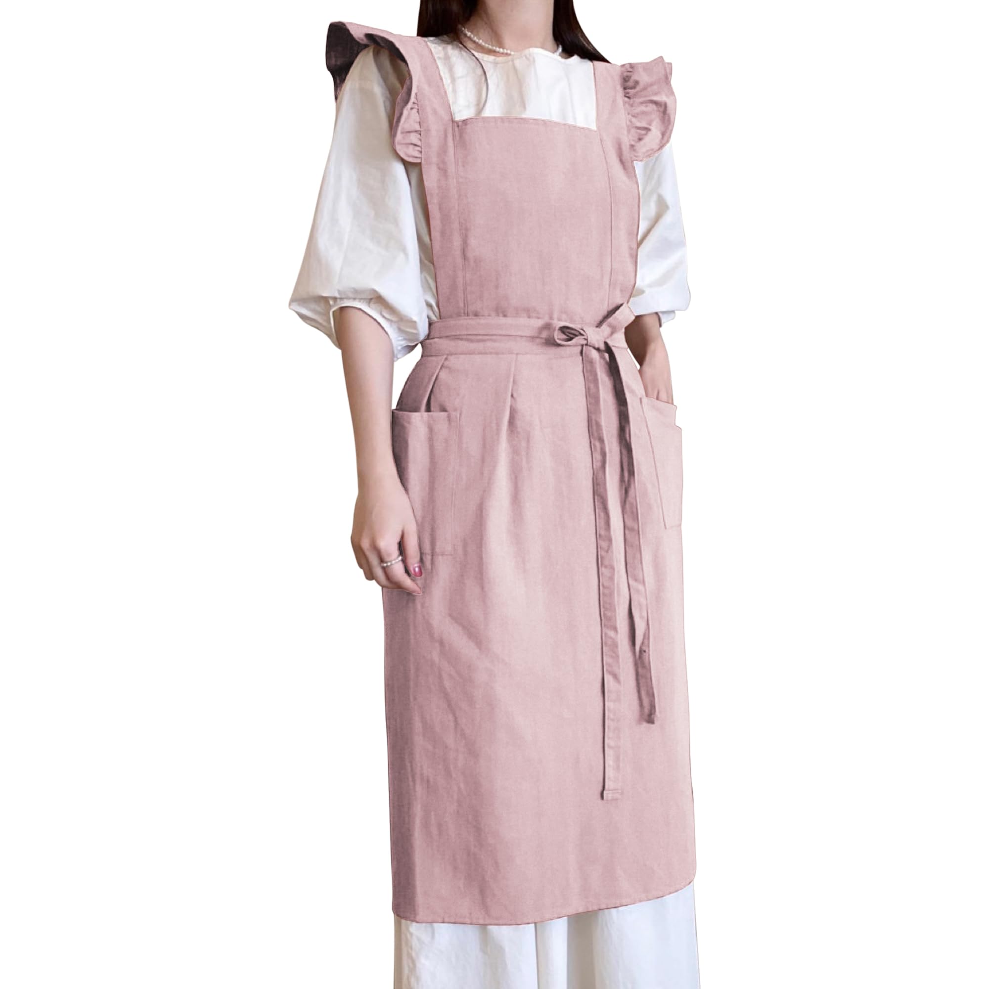 Small snail Japanese Style Women Cotton Apron Retro Literature Art Ruffle Aprons Cross Bandage Pinafore with Big Pockets for Baking, Crafting, Florist and Coffee House