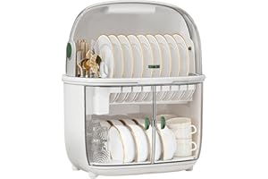 Double Tier Dish Drying Rack with Magnetic Doors Dust Cover, Space Saving Tableware Organizer for Kitchen Counter and Small S
