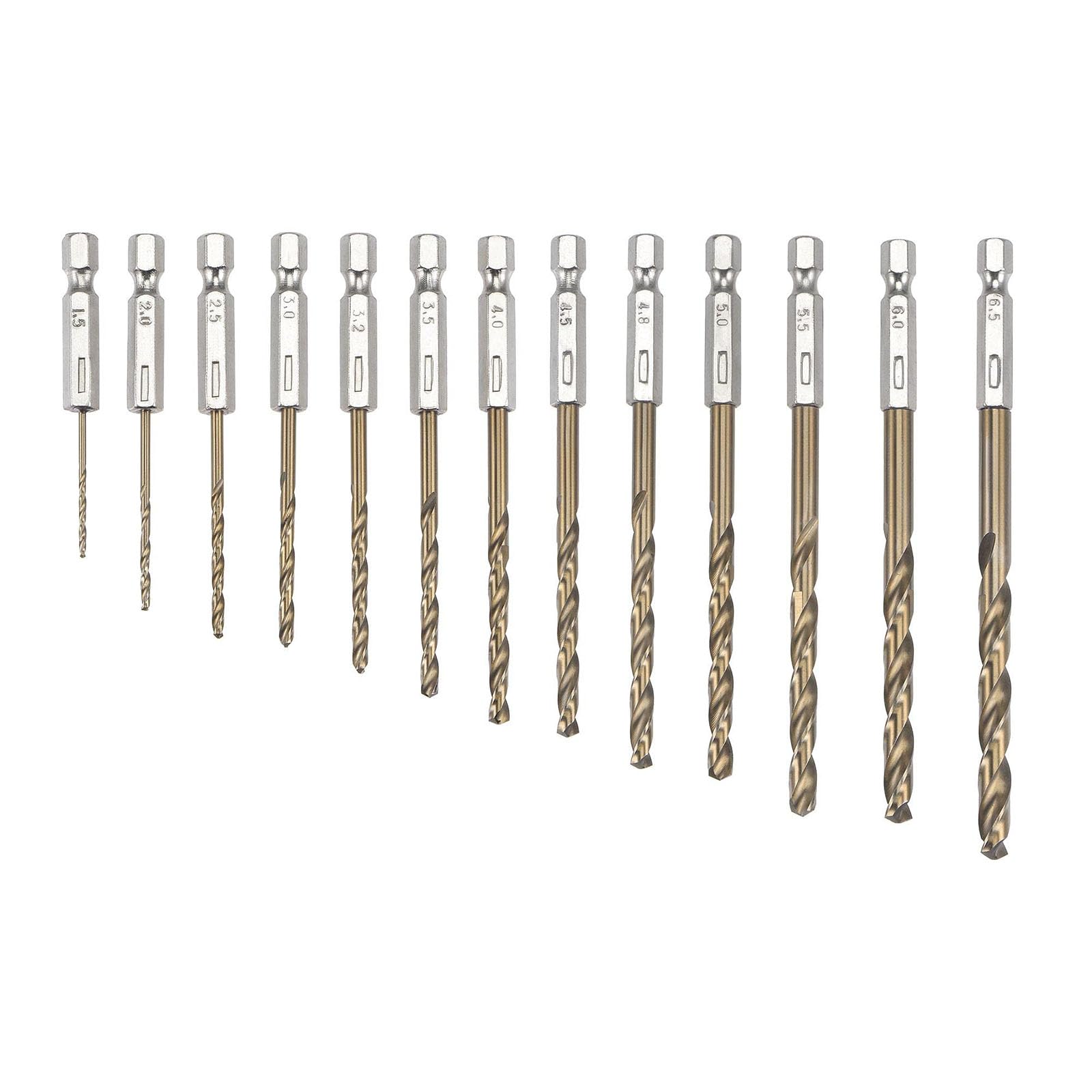 TA-VIGOR 13Pcs 1.5mm-6.5mm Hex Shank Twist Drill Bit Set, 1/4 Inch Shank HSS Titanium Coated Drill Bit Set Quick Change Twist Drill Bits for Woodworking, Plastic and Metal