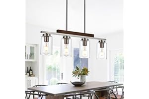 TODOLUZ Dining Room Light Fixtures in Brushed Nickel, 4-Lights Linear Chandeliers Over Table with Wood Frame & Clear Glass Shade, Kitchen Island Lighting Ceiling Hanging for Living Room