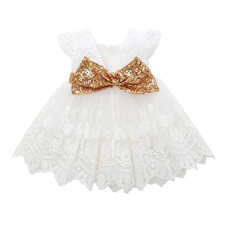 MCYs Sommer Hochzeitskleid Mädchen Blumenspitze Prinzessin Kleid Kleidung Kurzarm Partykleid Babykleidung Kleider (4Jahre)