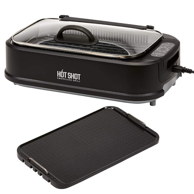 Hot Shot Indoor Electric Smokeless Grill - Indoor/Outdoor Use | Electric, Compact & Portable Grilling | Grill Grate and Griddle Plate - Removable best electric grill