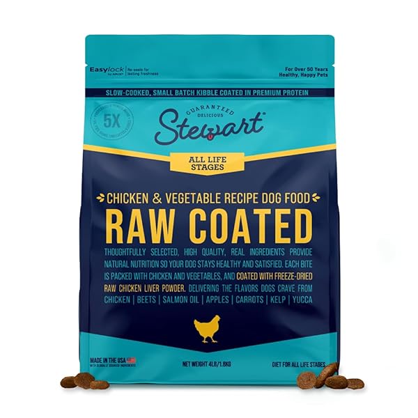 STEWART RAW COATED DOG FOOD, CHICKEN & VEGETABLE RECIPE, 4 POUND BAG, FREEZE DRIED CHICKEN LIVER POWDER COATING