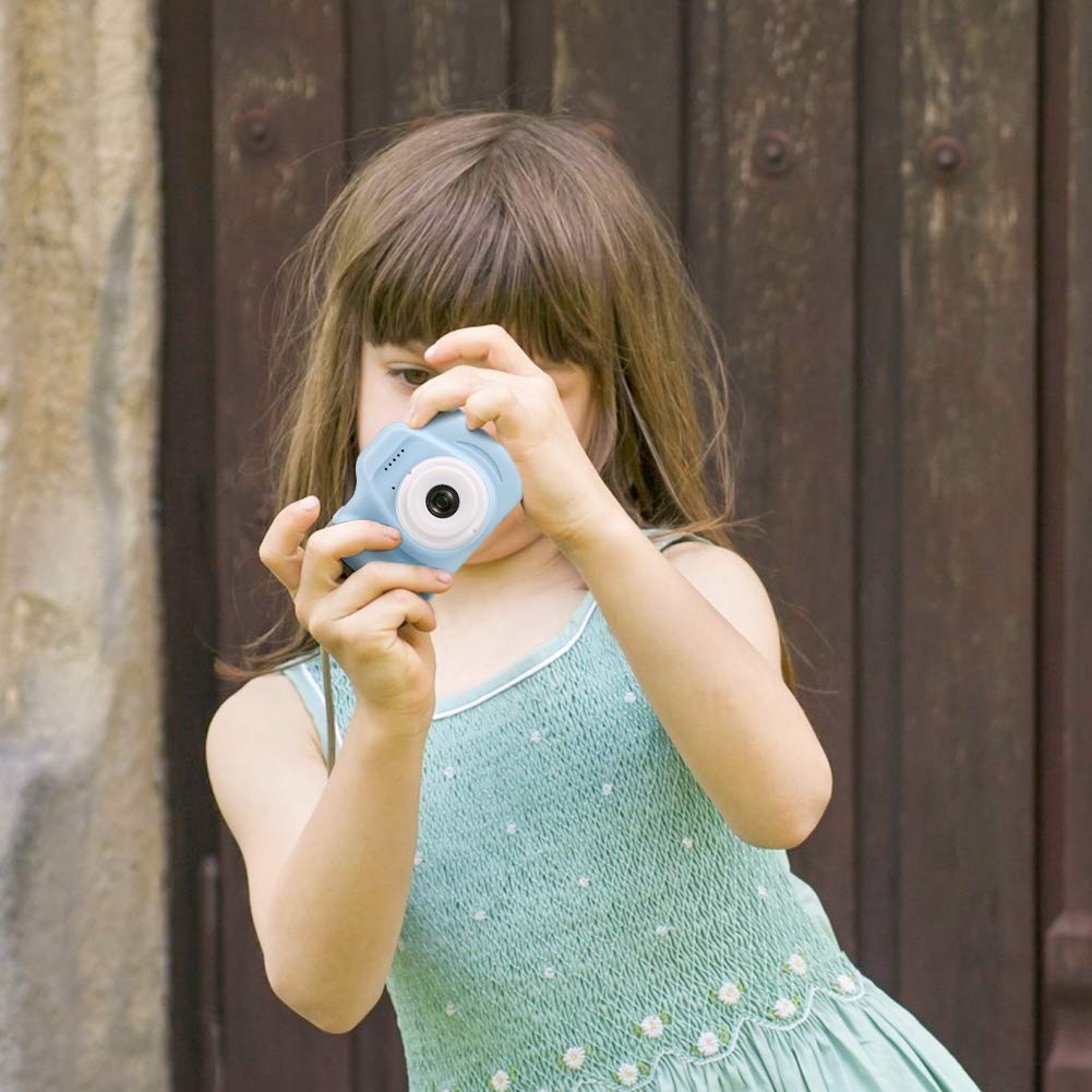 Enow Kids Camera, 16MP 1080P HD Child Digital Video Rechargeable Cameras Toys with Soft Silicone Shockproof Shell for Age 3-14 Boys Girls Outdoor Play, Mini Cartoon Blue (32GB Memory Card Included)