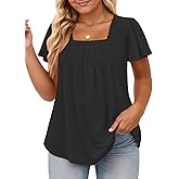 VISLILY Womens-Plus-Size-Summer-Tops Casual Ruffle Sleeve T Shirts Trendy Square Neck Tunics Loose Comfy Pleated Tees