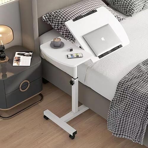 OIKASSU Adjustable End Table Overbed Bedside Table with Wheels, Standing Medical Desk Laptop Computer Cart for Hospital and Home Use,White