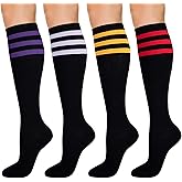 KONY Women's Cotton Knee High Socks, 3 Pairs Solid & Striped Casual Dress Socks, Breathable, Moisture Wicking, Shoe Size 5-10