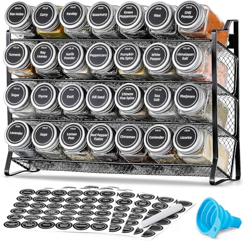 BOOM Spice Rack Organizer, 4-Tier Spice Organizer with 28 Empty Spice Jars and 432 Spice Labels, Organizer for Cabinet for Cabinet, Countertop, Pantry, Cupboard or Door & Wall Mount