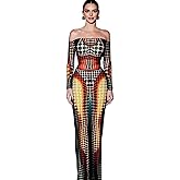 Suillty Women Sexy Off Shoulder Long Sleeve Maxi Dress 3D Body Geometric Printed Color Block Bodycon Dresses