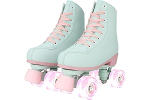 XUDREZ Roller Skates for Girls and Women, Light Green PU Leather Indoor Outdoor Roller Skates with Pink Light Up Wheels for Y