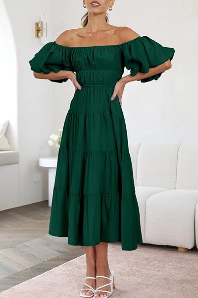 LILLUSORY WOMENS GREEN OFF THE SHOULDER PUFF SLEEVE 2023 SMOCKED BABYDOLL FLOWY BOHO MIDI TRENDY SPRING SUMMER SMOCKED DRESS