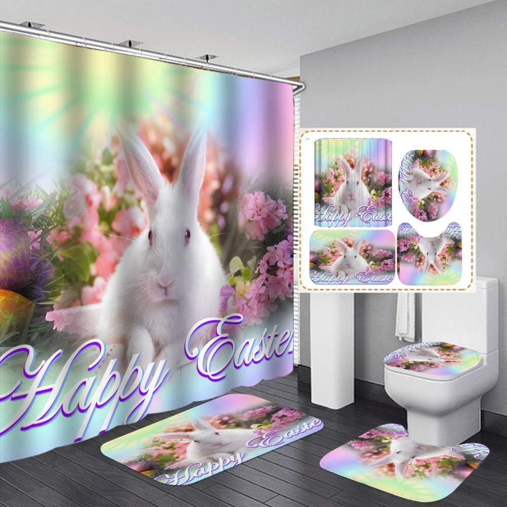 Forart 4PCS Happy Easter Shower Curtain Set, Colorful Rabbit and Easter Eggs Flowers in Grass Artwork Spring Festival Shower Curtains for Bathroom Accessories Set