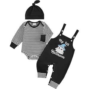 My First Halloween Baby Boy Outfit Striped Romper Overalls Pants Hat Set