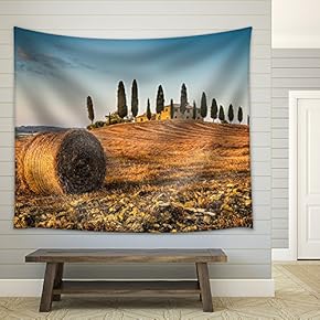 Beautiful Tuscany Landscape with Traditional Farm House and hay Bales in Golden Evening Light, Val d Orcia, Italy - Fabric Wall Tapestry Home Decor - 51x60 inches