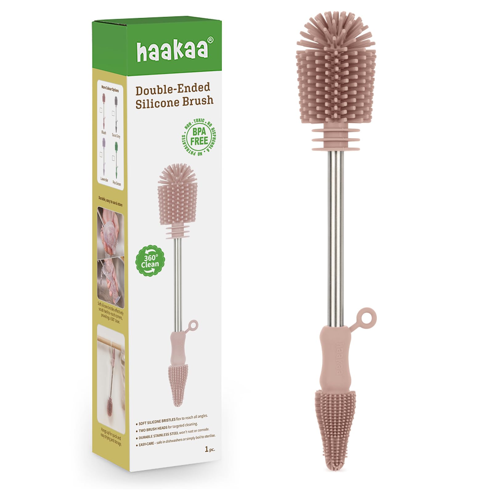 haakaa Silicone Cleaning Brush Kit-Baby Bottle Brush Scrubber for Breast Pump,Nipple,Breastmilk Storage Bag,Reusable Straws,Sippy Cup Soft Food Grade Silicone Bristle Portable - 1pk Pink